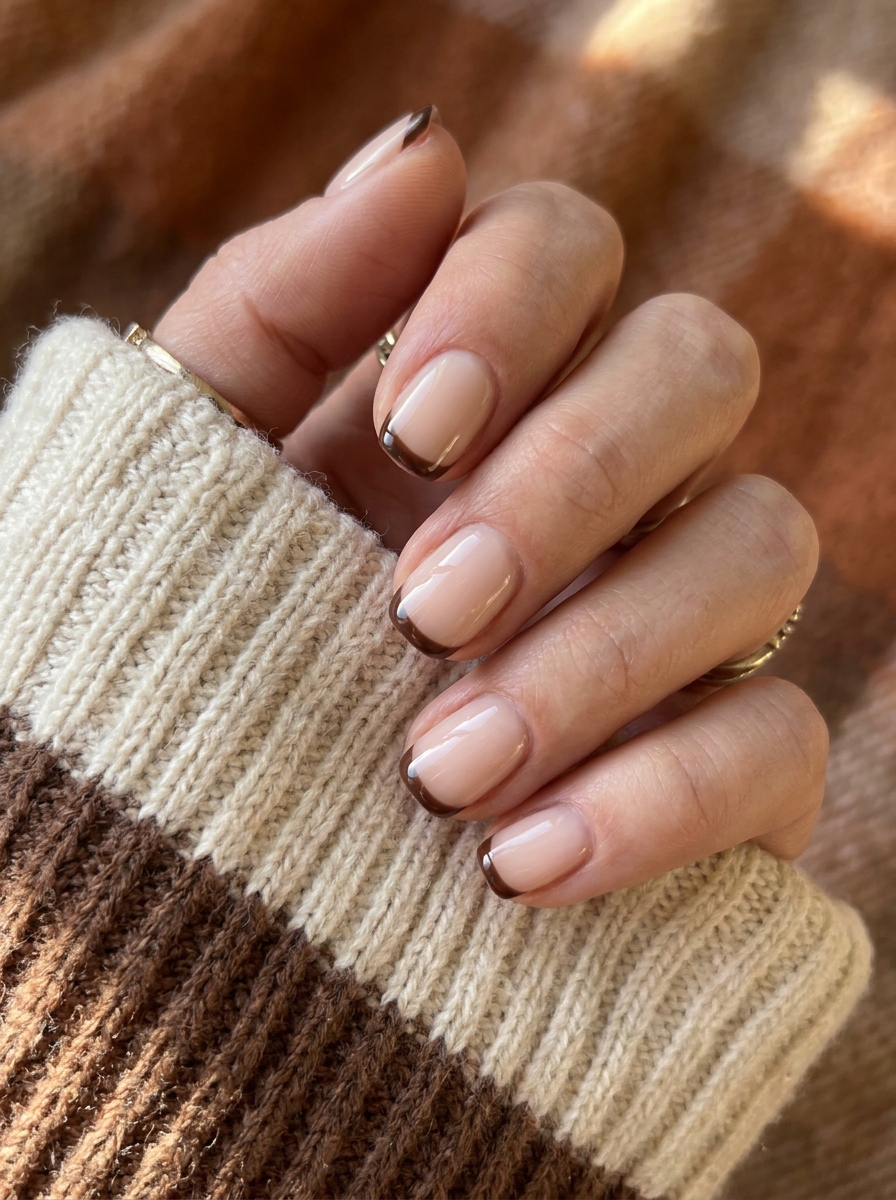 Short Chocolate French Nails auf kurzen gepflegten Nägeln im Herbst 2026